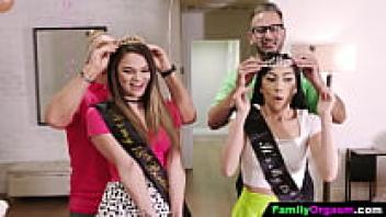 18-year-old teens engage in a family orgasm with their stepfathers.