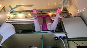 An extremely attractive 18-year-old student wearing a hidden camera upskirt while working without underwear