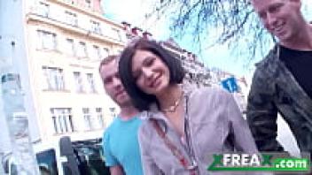 Three guys take Ukrainian lady Lina Arian home after warming her up in a park for a gang bang.