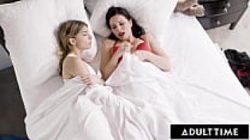 Voyeur lesbian teen observes Aidra Fox and Kristen Scott licking each other's pussies at adult time.