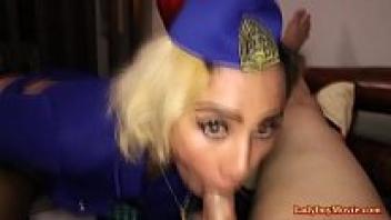 Joyly, the ladyboy stewardess, gives a blowjob.