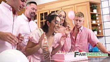 When the stepdaughter turns 18, the stepfamily gives her a gang bang.