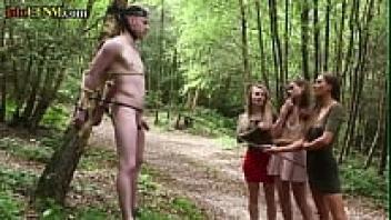 Outdoor bondage dude suck and jerk CFNM femdom chicks
