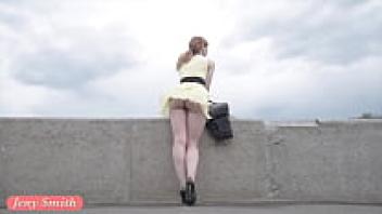 On the streets, Jeny Smith, a public flasher, gives amazing upskirt views.